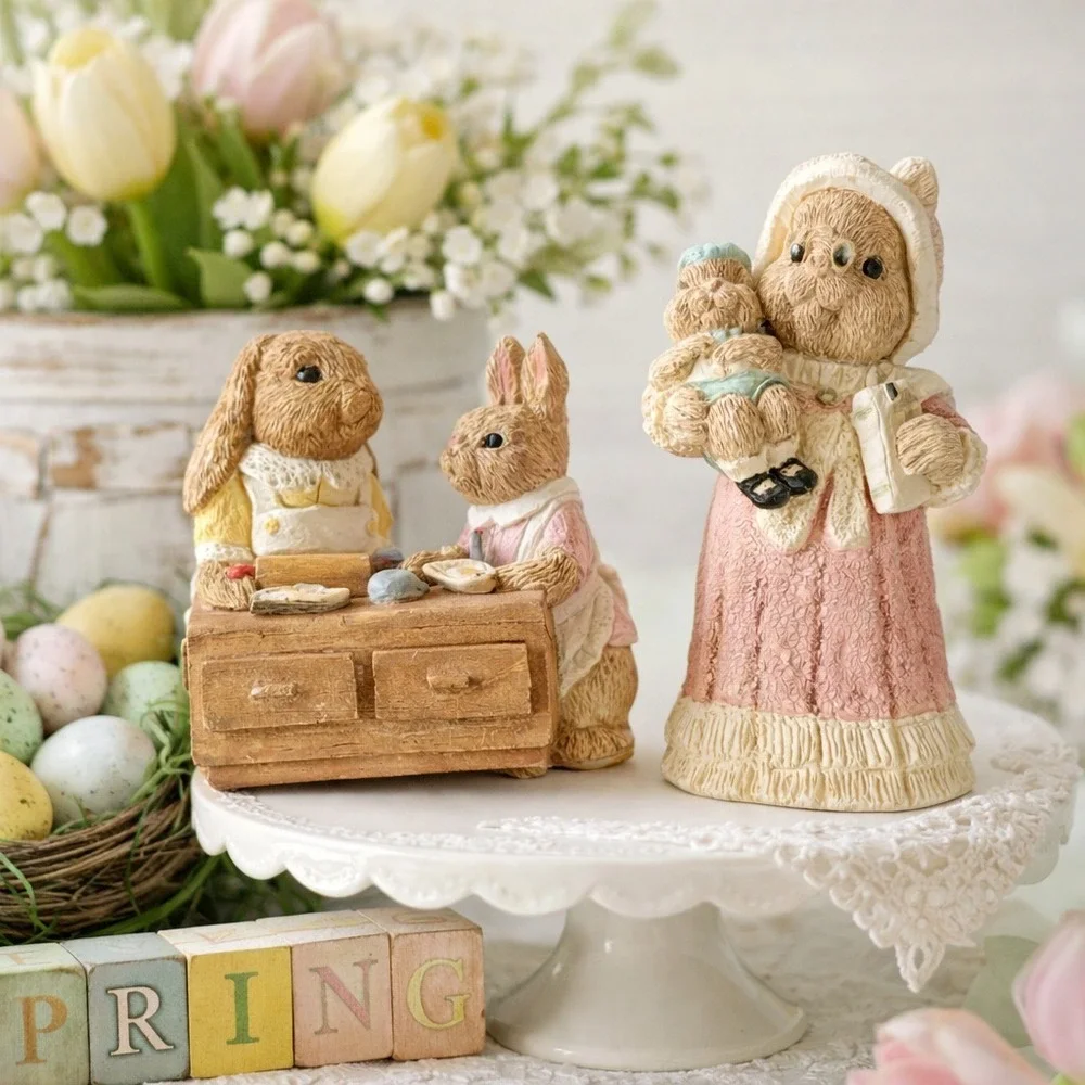 2 Vintage Easter Bunny Family Figurines Set Grandma Cookies United Design USA